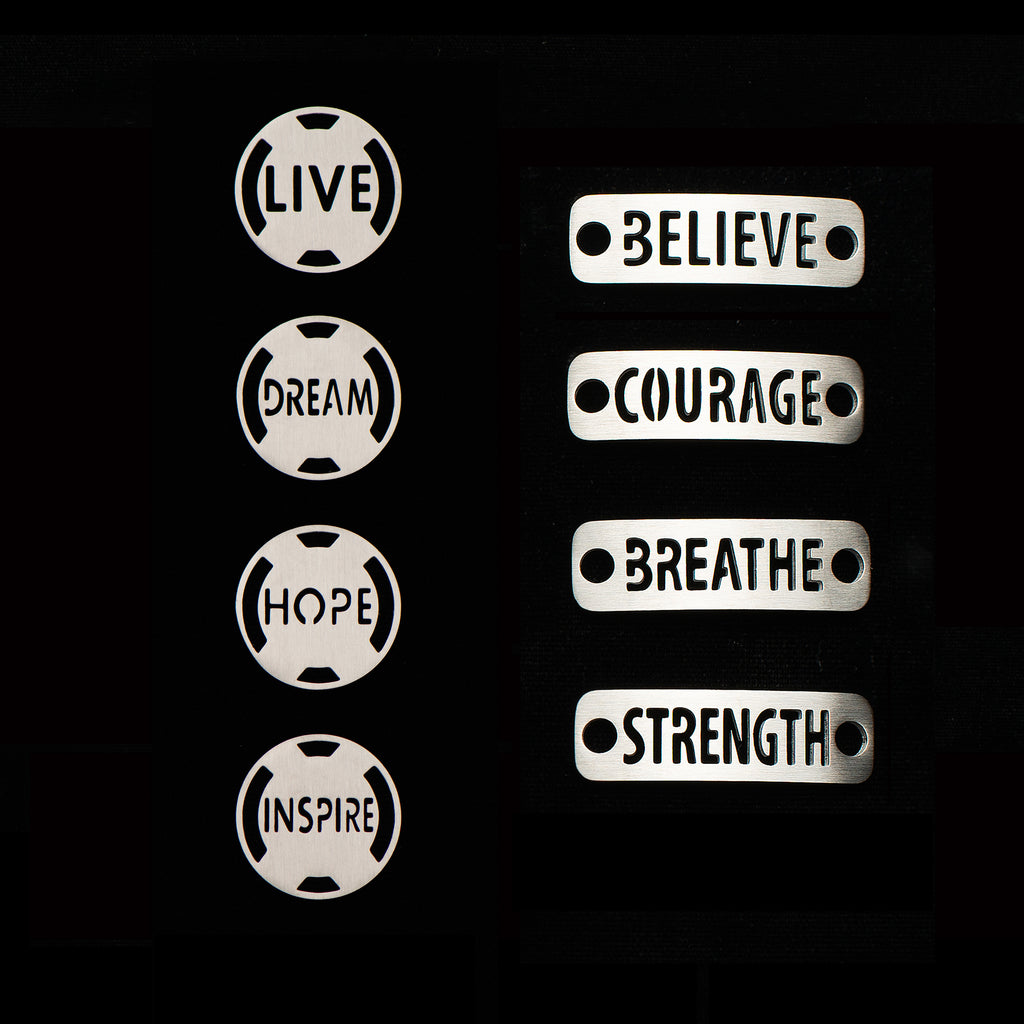 Strength, Courage, Believe, Breathe, Hope, Inspire, Live & Dream - Available in Black or Pink adjustable stretchy bracelet.  