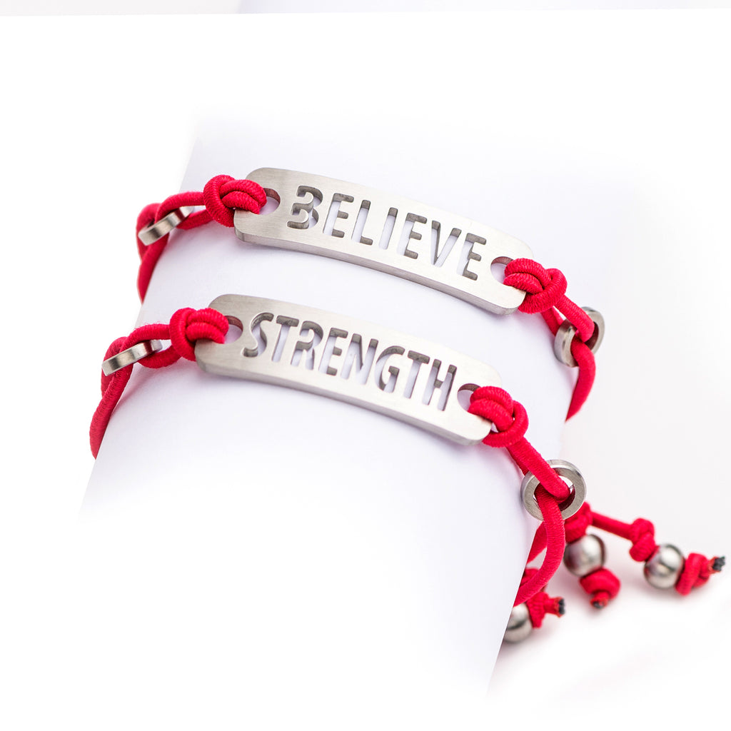 Strength, Courage, Believe, Breathe, Hope, Inspire, Live & Dream - Available in Black or Pink adjustable stretchy bracelet.  