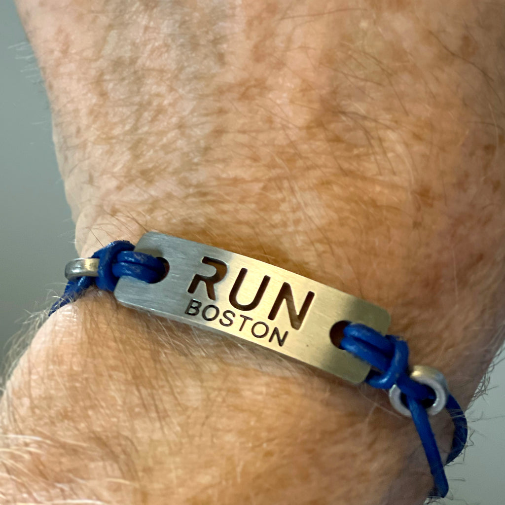 ATHLETE INSPIRED - RUN BOSTON, Unicorn Inspired Bracelet, Run Boston Blue Leather Bracelet, Boston Marathon Gift, Race Gift