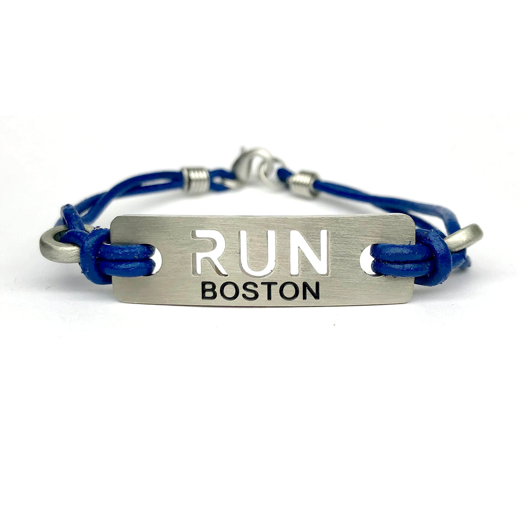 ATHLETE INSPIRED - RUN BOSTON, Unicorn Inspired Bracelet, Run Boston Blue Leather Bracelet, Boston Marathon Gift, Race Gift