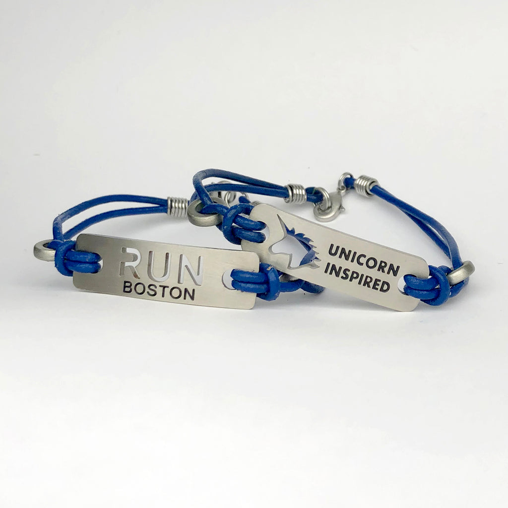 ATHLETE INSPIRED - RUN BOSTON, Unicorn Inspired Bracelet, Run Boston Blue Leather Bracelet, Boston Marathon Gift, Race Gift