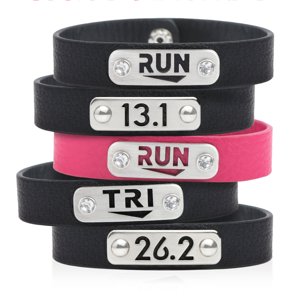 Black & Pink Wristbands - Athlete Inspired Leather Wristband Selection, Running Gift, Triathlon Gift